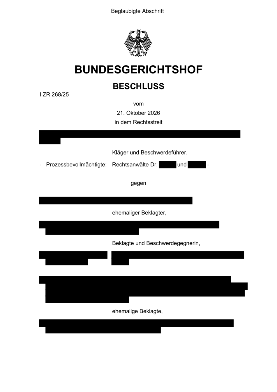 Seite 1 von 4: BGH · I ZR 268/25, Beschluss vom 21. Oktober 2026