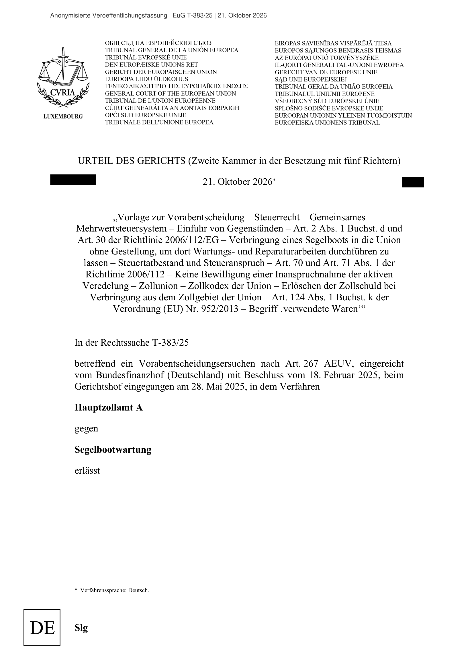 Seite 1 von 19: EuG T-383/25 – Segelbootwartung, Urteil vom 21. Oktober 2026
